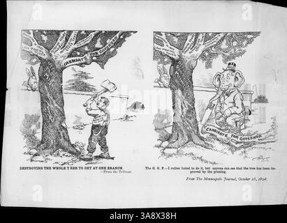 Dieser politische Cartoon zeigt die Opposition der Republikanischen Partei gegen Bob Dunn, den republikanischen Kandidaten für das Amt des Gouverneurs von Minnesota. In der ersten Podiumsdiskussion wird gezeigt, dass die Opposition der GOP den gesamten Baum der Republikanischen Partei, einschließlich verschiedener politischer Positionen, niederschlägt. Das zweite Panel zeigt, dass der GOP-Elefant nur den Zweig „Kandidat für Gouverneur“ beschneidet, was einen strategischeren Ansatz widerspiegelt. Stockfoto