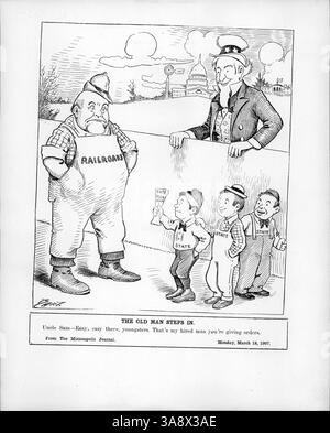 Dieser politische Zeichentrick zeigt, wie Uncle Sam in die Debatte über die Regulierung der Eisenbahngebühren eingreift, wobei Uncle Sam als Vermittler zwischen den staaten und den Eisenbahnen fungiert. Der Zeichentrick hebt die Rolle der Regierung bei der Regulierung der Industrie hervor. Stockfoto