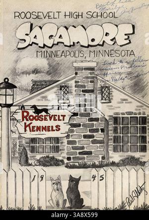Dieses Jahrbuch der Highschool aus dem Jahr 1945 mit dem Titel Sagamore erfasst die akademischen und außerschulischen Aktivitäten von Schülern, Lehrern und Veranstaltungen der Roosevelt High School von 1944 bis 1945. Stockfoto