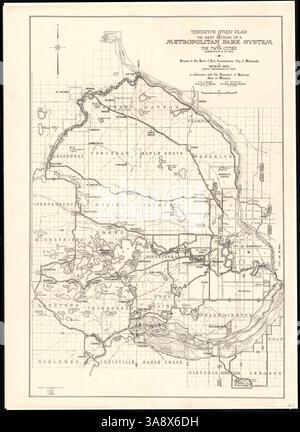 Diese Karte beschreibt einen Studienplan für die Entwicklung von Parks im westlichen Teil der Twin Cities. Es umfasst Highways, Gemeindegrenzen und ein geplantes Waldschutzgebiet entlang des Minnesota River. Stockfoto