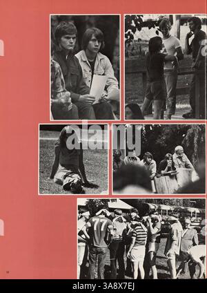 Das Jahrbuch „Mustang“ 1977 der Breck School zeigt die bedeutenden Veranstaltungen und Beiträge von Studenten, Lehrkräften und Leichtathletik während des Schuljahres 1976-1977. Stockfoto