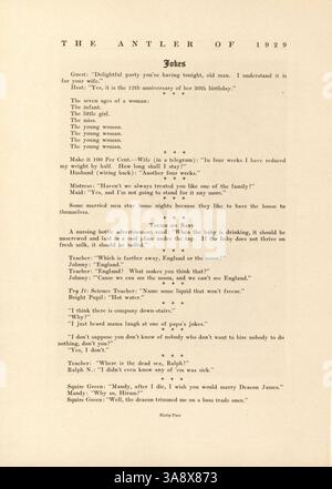 Die 1929 erschienene Ausgabe des Antler Jahrbuchs der Minnehaha Academy dokumentiert wichtige Aspekte des Schuljahres 1928-1929, darunter Studentenclubs, Leichtathletik und Lehrkräfte. Stockfoto