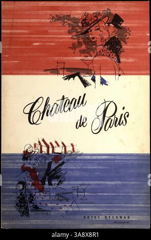 Das Restaurant Chateau de Paris bietet ein zweiteiliges Menü mit französischer Küche. Das Design umfasst Illustrationen von Bistrogästen auf dem Bürgersteig und ein Motiv mit französischer Flagge, mit detaillierten Angeboten wie Meeresfrüchten, Steaks, Ente und Desserts. Stockfoto