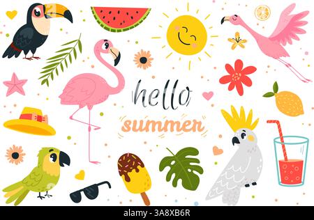 Flamingo Sommerelemente. Tropische Vögel, Flamingos, Tukan-Papagei. Saisonale Urlaubsaccessoires, Eiscreme Sonnenbrille Cocktail, klassisches Vektor Clipart Stock Vektor