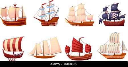 Alte hölzerne Segelboote. Vintage fregate und Segelboote, Karikaturen isolierte Segelschiffe. Traditionelle Holzgefäße mit Fahnen und Segeln, heute Vektor Stock Vektor