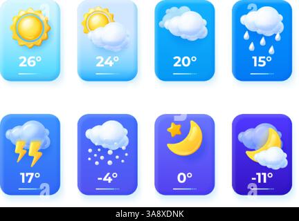 3D-Wettervorhersage. Rendern Sie Wetter-ui-Symbole für Handy-App, Klima-Widget meteorologische Karten Meteorologie-Bildschirm Nacht Tag Temperatur Sonne Regen, exakte Vektorillustration Original-Grafik Stock Vektor