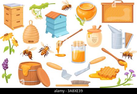 Cartoon-Honigbienenstock. Imkerei Met Produkte, Bienenstock Bienenwabe Bauernhof Bienenstock Haus Imker Produktion Topf Löffel Löffel Dipper Frühling Sommer Blumen Lebensmittel, saubere Vektor Illustration Original Kunstwerk Stock Vektor