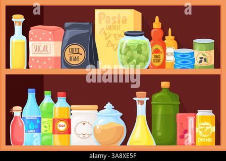 Küchenschrankregale. Cartoon Kochregal mit Gewürzgläsern, Konservierung Dose Lebensmittel Lagerung Supermarkt Regale Getränk Ölflaschen Soßen Pasta Snack Container Vektor Illustration Original Kunstwerk Stock Vektor
