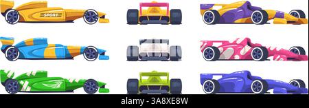 Cartoon Formel Cars. F1 Rennwagen Vorderansicht, Rennwagen Design Motor Sport Auto Rennen für Racer Geschwindigkeit Road Track Pilot Retro Fahrzeug Turbo Motor Set, klassische Vektor Illustration Original Artwork Stock Vektor