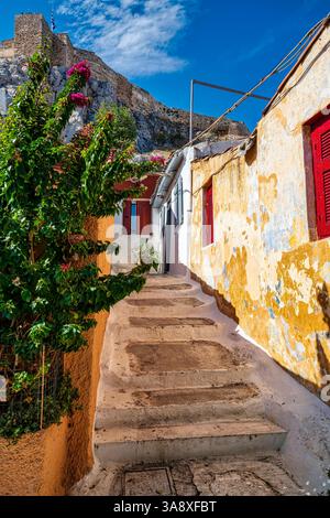 Eine friedliche Steingasse schlängelt sich durch das ruhige Viertel Anafiotika in Athen, eingerahmt von Topfpflanzen und weiß getünchten Gebäuden. Stockfoto