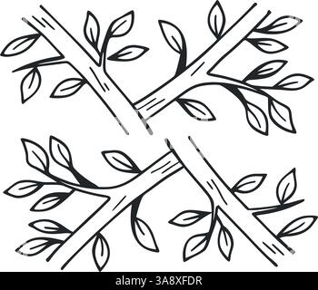 Handgezeichnete Zweige mit Blättern, die ein nahtloses Muster in Schwarz-weiß bilden. Stock Vektor