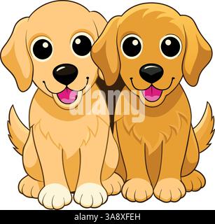 Zwei niedliche Golden Retriever Welpen sitzen zusammen mit fröhlichen Ausdrücken. Stock Vektor