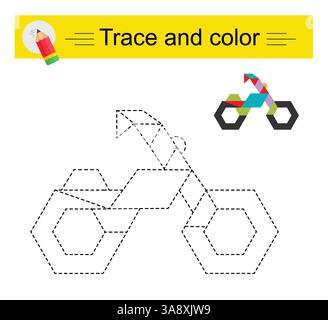 Verlauf und Farbe für untergeordnete Elemente. Vorschularbeitsblatt zum Üben der Feinmotorik. Cartoon-Fahrrad. Flaches Design. Stock Vektor