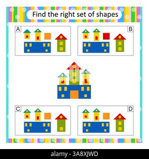 Puzzle für Kinder. Finde das richtige Set von Cartoon Castle. Vektorabbildung. Die Antwort lautet D. Stock Vektor