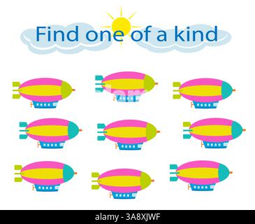 Unterhaltsames Lernspiel für Kinder. Ich muss ein Luftschiff finden. Aktivitätsseite für Kinder. Vektorabbildung. Stock Vektor