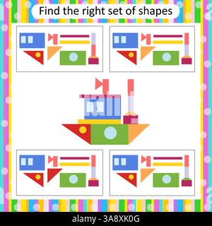 Logikpuzzle für Kinder. Suchen Sie das richtige Boot. Aktivität des Arbeitsblatts im Vorschulalter. Vektorabbildung. Stock Vektor