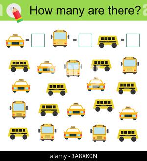 Mathematische Aktivität für Kinder. Entwicklung von Rechenkenntnissen. Cartoon-Transport. Vektorabbildung. Stock Vektor