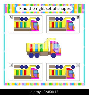 Puzzle für Kinder. Suchen Sie den richtigen Satz von Cartoon-Müllwagen. Vektorabbildung. Die Antwort lautet B. Stock Vektor