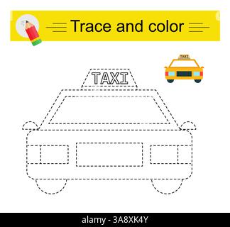 Verlauf und Farbe für untergeordnete Elemente. Vorschularbeitsblatt zum Üben der Feinmotorik. Cartoon Taxi. Flaches Design. Stock Vektor
