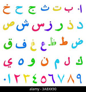 Arabisches farbenfrohes Alphabet und Zahlen. Arabische dekorative Schriften und Zahlen auf weißem Hintergrund. Vektorabbildung. Stock Vektor