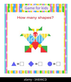 Mathematische Aktivität für Kinder. Wie viele geometrische Formen? Entwicklung von Rechenkenntnissen. Vektorabbildung. Stock Vektor