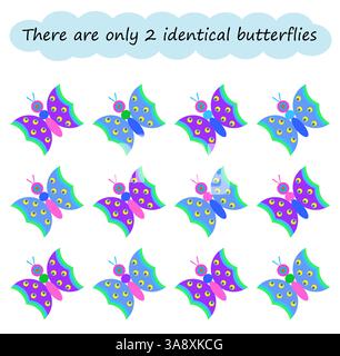 Lustiges Puzzlespiel für Kinder. Ich muss zwei identische Schmetterlinge finden. Aufgabe zur Entwicklung von Aufmerksamkeit und Logik. Vektorabbildung. Stock Vektor