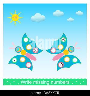 Mathematische Aktivität für Kinder. Schreiben Sie fehlende Zahlen. Entwicklung von Rechenkenntnissen. Vektorabbildung. Stock Vektor