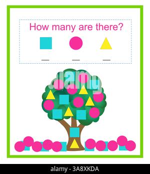 Mathematische Aktivität für Kinder. Wie viele geometrische Formen? Entwicklung von Rechenkenntnissen. Vektorabbildung. Stock Vektor