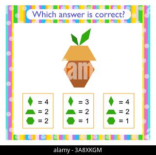 Mathematische Aktivität für Kinder. Finden Sie die richtige Antwort. Zeichentrick-Eichel. Aktivität des Arbeitsblatts im Vorschulalter. Stock Vektor