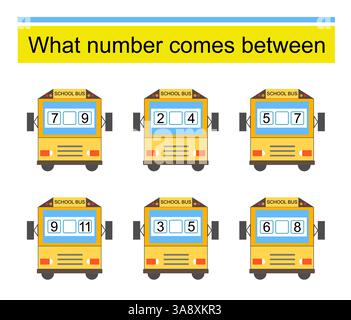 Welche Zahl dazwischen liegt. Mathematische Arbeitsblätter für Kinder. Vektor-Illustration des Comic-Schulbusses. Stock Vektor