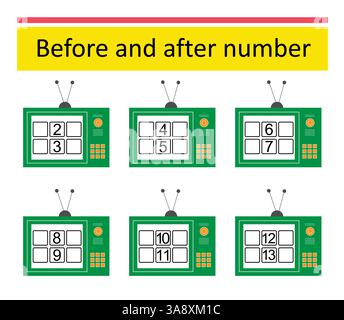 Was davor und danach kommt. Mathematische Arbeitsblätter für Kinder. Zahlenbereich bis 15. Vektor-Illustration von Cartoon TV Retro. Stock Vektor