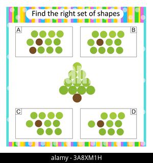 Logikpuzzle für Kinder. Finden Sie den richtigen Zeichentrick-Weihnachtsbaum. Vektorabbildung. Die Antwort lautet C. Stock Vektor