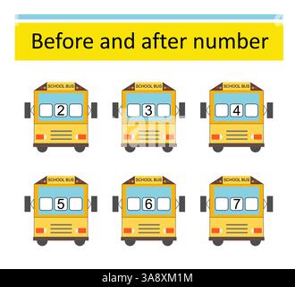 Was davor und danach kommt. Mathematische Arbeitsblätter für Kinder. Zahlenbereich bis 10. Vektor-Illustration des Comic-Schulbusses Stock Vektor