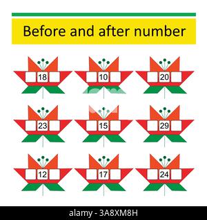 Was davor und danach kommt. Mathematische Arbeitsblätter für Kinder. Zahlenbereich bis 30. Vektor-Illustration von Karikaturblumen. Stock Vektor
