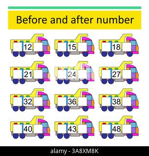Was davor und danach kommt. Mathematische Arbeitsblätter für Kinder. Zahlenbereich bis 50. Vektor-Illustration des Cartoon-Müllwagens. Stock Vektor