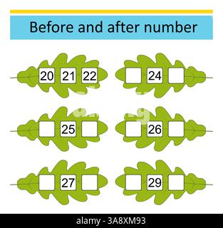 Was davor und danach kommt. Mathematische Arbeitsblätter für Kinder. Zahlenbereich bis 30. Vektorabbildung. Stock Vektor