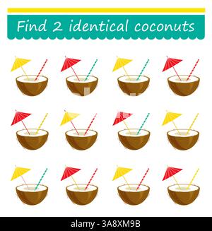 Lustiges Puzzlespiel. Ich muss 2 identische Kokosnüsse finden. Aufgabe zur Entwicklung von Aufmerksamkeit und Logik. Vektorabbildung. Stock Vektor