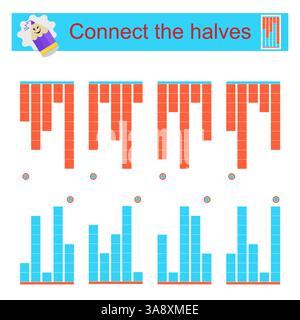 Lustiges Puzzlespiel für Kinder. Die Hälften müssen angeschlossen werden. Aufgabe zur Entwicklung von Aufmerksamkeit und Logik. Vektorabbildung. Flaches Design. Stock Vektor