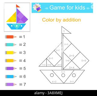 Farbe nach Hinzufügen. Mathematische Aktivität für Kinder. Entwicklung von Rechenkenntnissen. Zahlenbereich bis 10. Stock Vektor