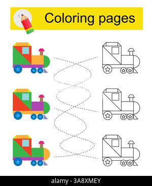 Lernspiel für Kinder. Geh durch das Labyrinth und färbe eine Comic-Lokomotive nach dem Muster. Vektorabbildung. Stock Vektor