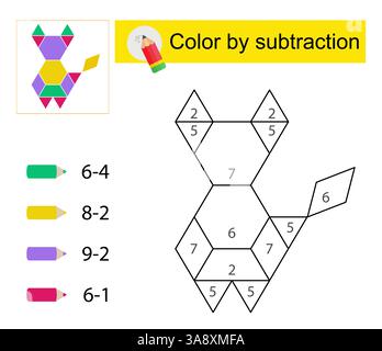 Ausmalseiten. Farbe durch Subtraktion. Vektorillustration für die Kindererziehung. Zeichentricktier Stock Vektor