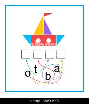 Lies die Worte, Boot. Puzzlespiel für Kinder. Stock Vektor