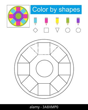 Ausmalseiten. Farbe nach Formen. Illustration für die Kindererziehung. Flaches Design. Vektorabbildung. Stock Vektor