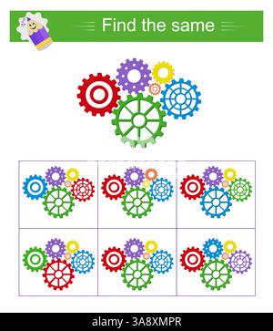 Puzzlespiel für Kinder. Aufgabe zur Entwicklung von Aufmerksamkeit und Logik. Ich muss dieselbe Gruppe Zahnräder finden. Vektorabbildung. Stock Vektor