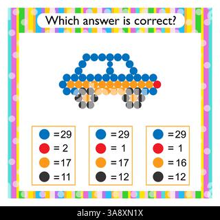 Mathematische Aktivität für Kinder. Finden Sie die richtige Antwort. Cartoon-Auto. Vektorabbildung. Stock Vektor