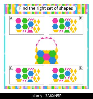 Logikpuzzle für Kinder. Suchen Sie den richtigen Satz Korb aus Zeichentrickfilmen. Aktivität des Arbeitsblatts im Vorschulalter. Vektorabbildung. Die Antwort lautet D. Stock Vektor