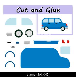 Pädagogisches Papierspiel für Kinder. Teile des Bildes ausschneiden und auf das Papier kleben. DIY-Arbeitsblatt. Vektordarstellung des Mikrobusses. Stock Vektor