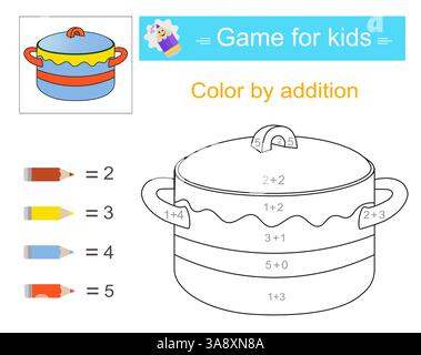 Farbe nach Hinzufügen. Mathematische Aktivität für Kinder. Entwicklung von Rechenkenntnissen. Zahlenbereich bis 10. Vektorabbildung. Stock Vektor