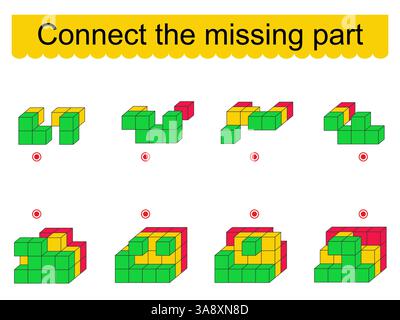 Lustiges Puzzlespiel für Kinder. Das fehlende Teil muss verbunden werden. Aufgabe zur Entwicklung von Aufmerksamkeit und Logik. Vektorabbildung. Stock Vektor
