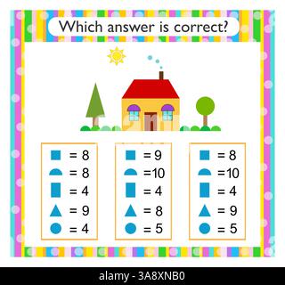 Mathematische Aktivität für Kinder. Finden Sie die richtige Antwort. Cartoon House. Vektorabbildung. Stock Vektor
